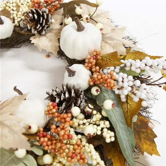Fall Decor White Wreaths for Front Door - 18 Inch Autumn Maples Leaf Pumpkin - Picture 3 of 6